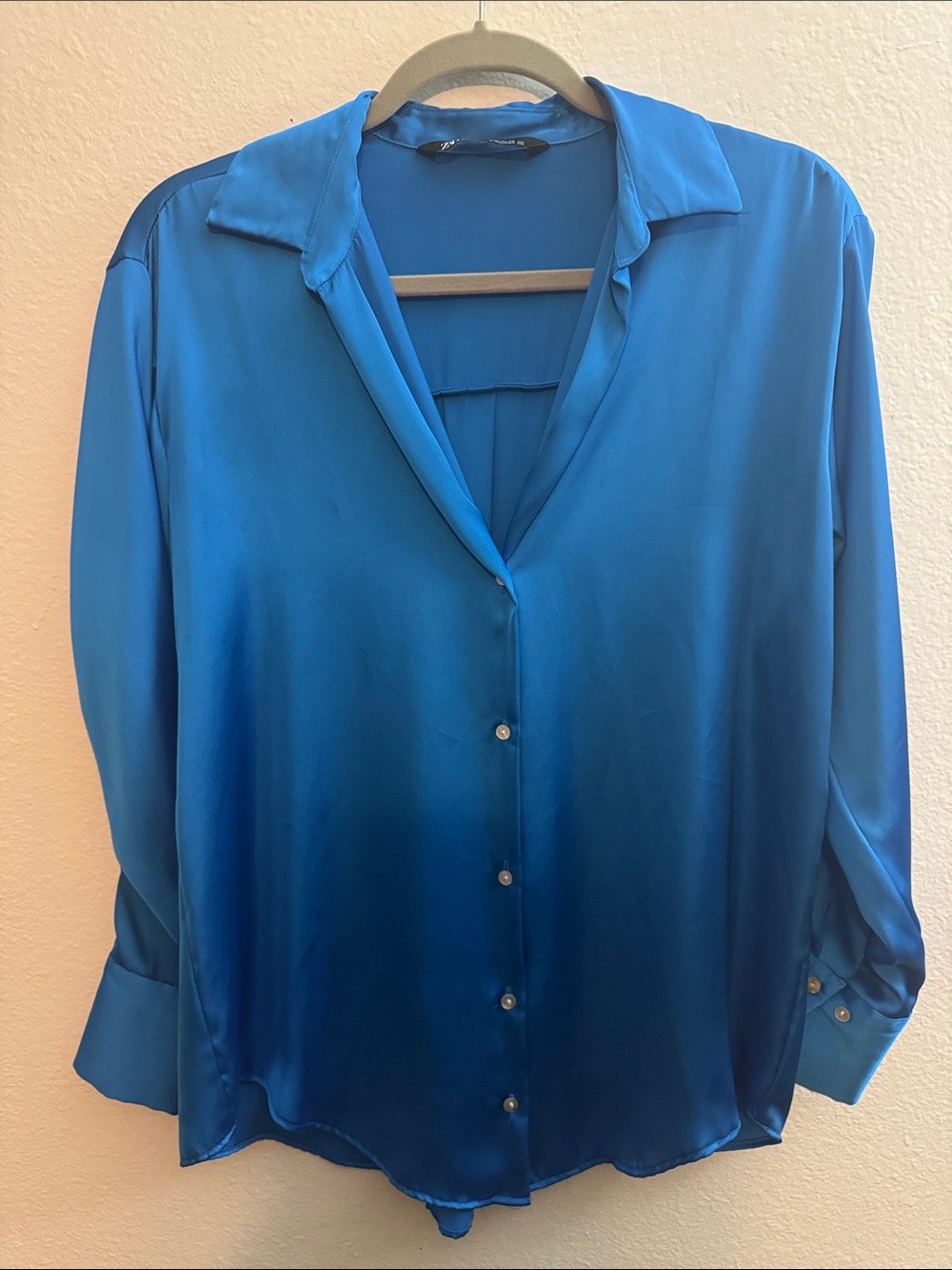Zara Bright Blue Satin Button-Down Blouse